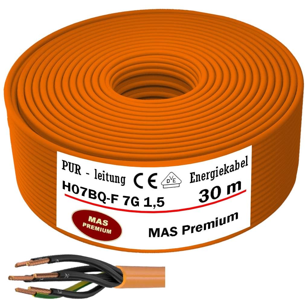 MAS-Premium® przewód PUR H07BQ-F 7 x 1,5 m, pomarańczowy, przewód przyłączeniowy do podłączenia urządzeń rolniczych lub komercyjnych, kabel budowlany (30 m)