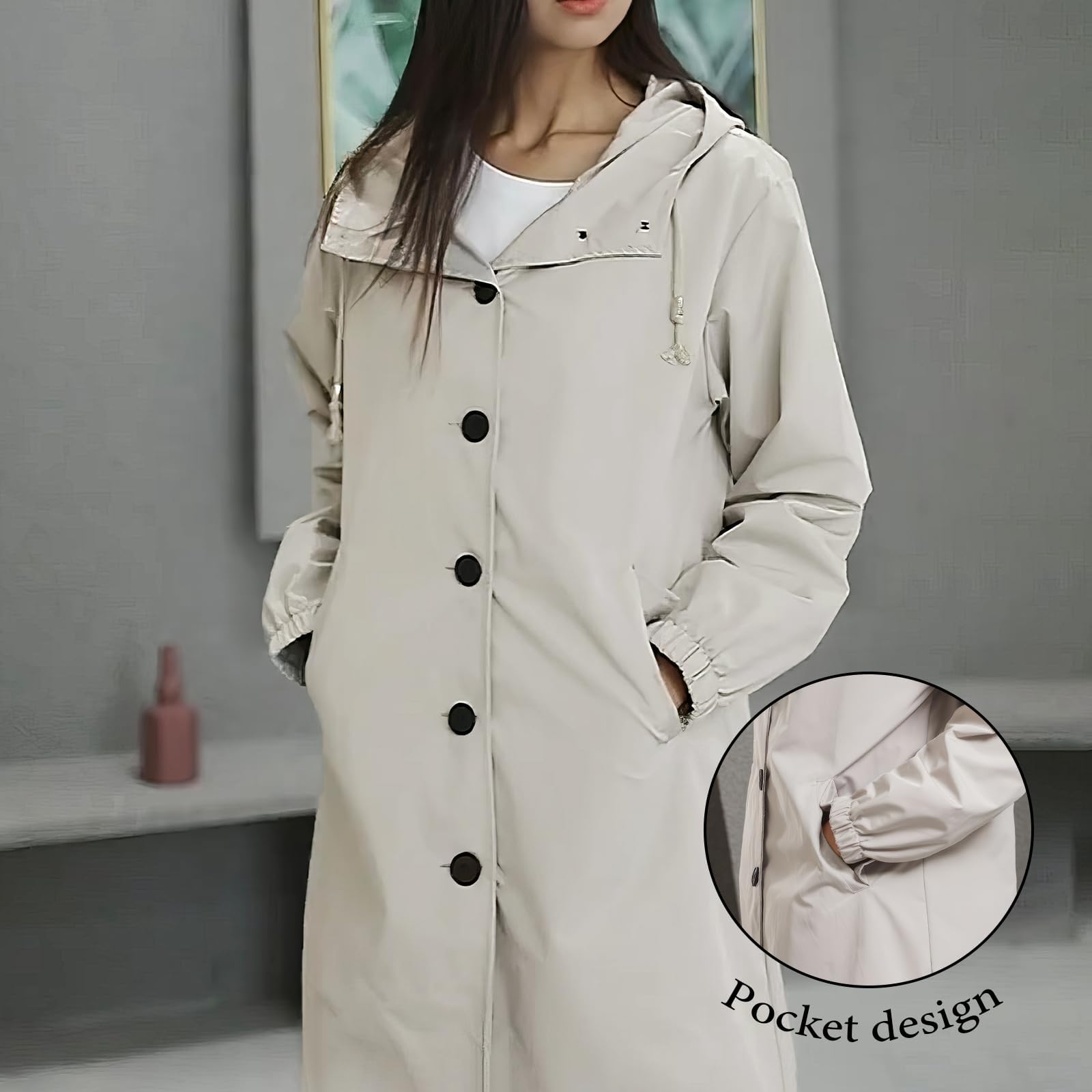 Giacca Antivento Impermeabile da Donna - Giacca Lunga Leggera Idrorepellente per Esterni, Giacca Antipioggia con Cappuccio, Trench per Escursionismo
