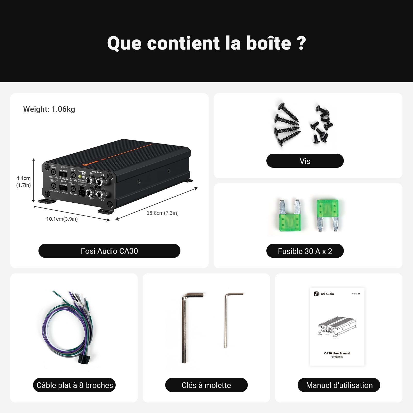 Fosi Audio CA30 Amplificateur Audio Voiture 4 Canaux de Classe D, Filtre Indépendant RCA/Entrée Haut Niveau, 100Wx4@4Ω/320W en Mode Ponté, Mini Ampli HiFi à Faible Bruit pour Système Audio de Véhicule