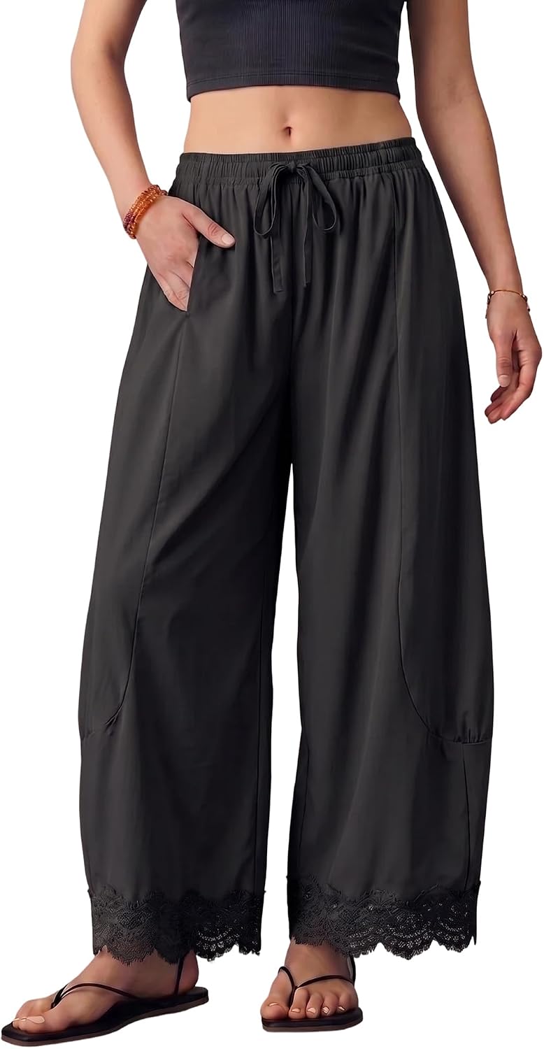 Women's Summer Boho Wide Leg Palazzo Pants Casual 4-Way Stretch Flowy Drawstring Ankle Cropped Pants Lace-Hem