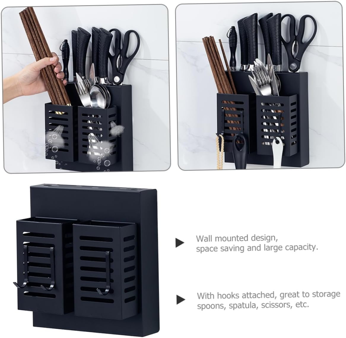 MAGICLULU Stainless Steel Kitchen Utensil Shelf with Hooks Multi-functional Cutlery Holder for Countertop Organization Black for Home Chefs and Small Kitchens