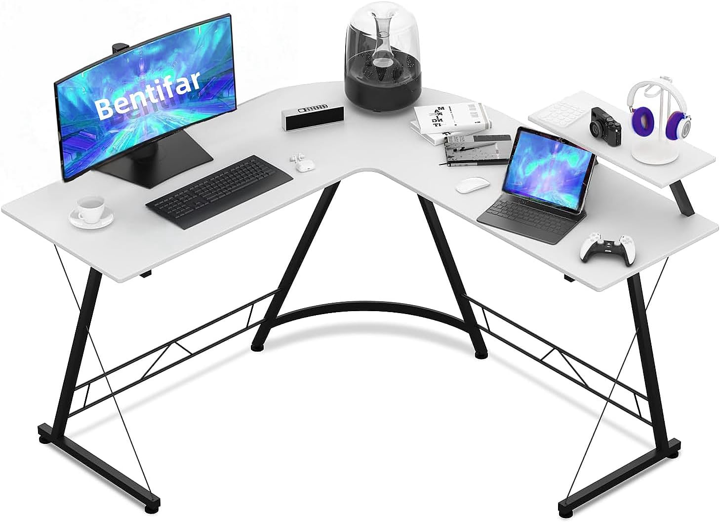 Bentifar L-Shaped Desk Computer Corner Table,50.8" Home Gaming Desk,Office Writing Workstation with Large Monitor Stand,Space-Saving,Easy to Assemble (Black,(50.8"+50.8") L x 18.2"W x 29.5"H) (WHITE)