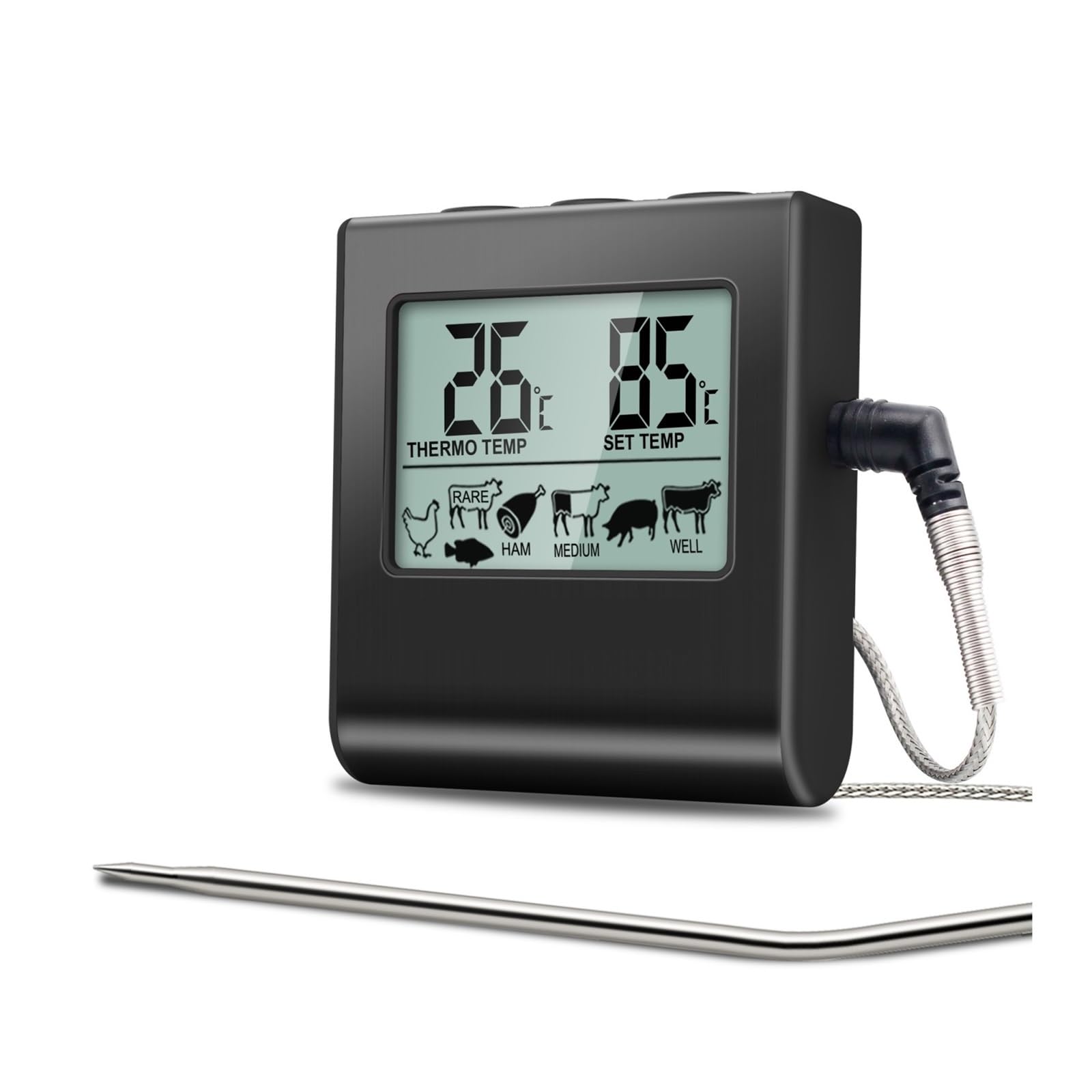 Termoigrometro Termometro for Carne da Cucina con Display LCD Digitale for Griglia da Forno for Barbecue con Funzione Timer(Black)