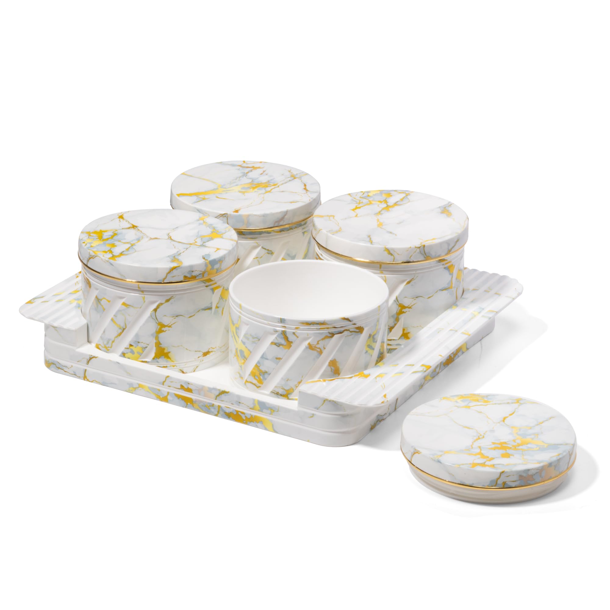 SELVEL Giving shape to life! Nietłukący się i szczelny zestaw pojemników na suche owoce, z pokrywką i tacą do serwowania, hermetyczny zestaw pojemników 430 ml (4 sztuki, biały, polipropylen)