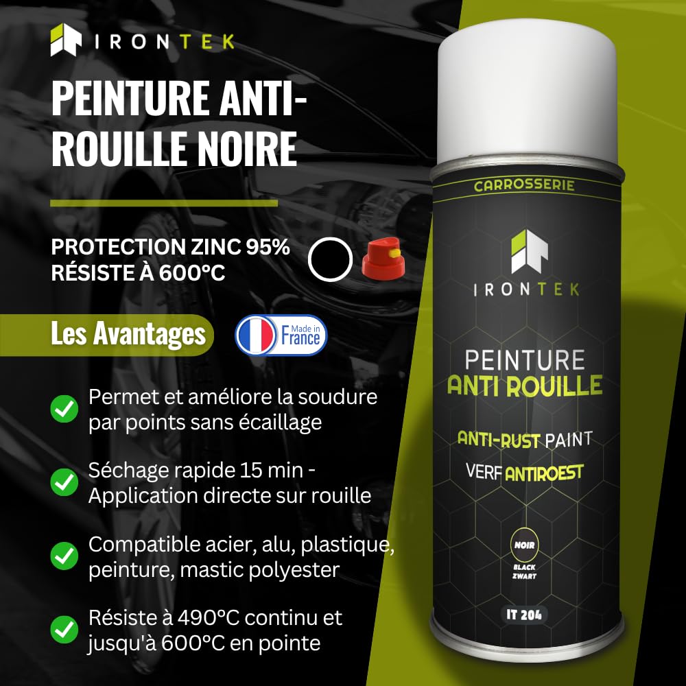 Peinture Antirouille Noir 400ml - IRONTEK | IT204 | Protection Fer Acier | Séchage Rapide 15min | Haute Adhérence | Auto Moto | Convertisseur de Rouille immédiat