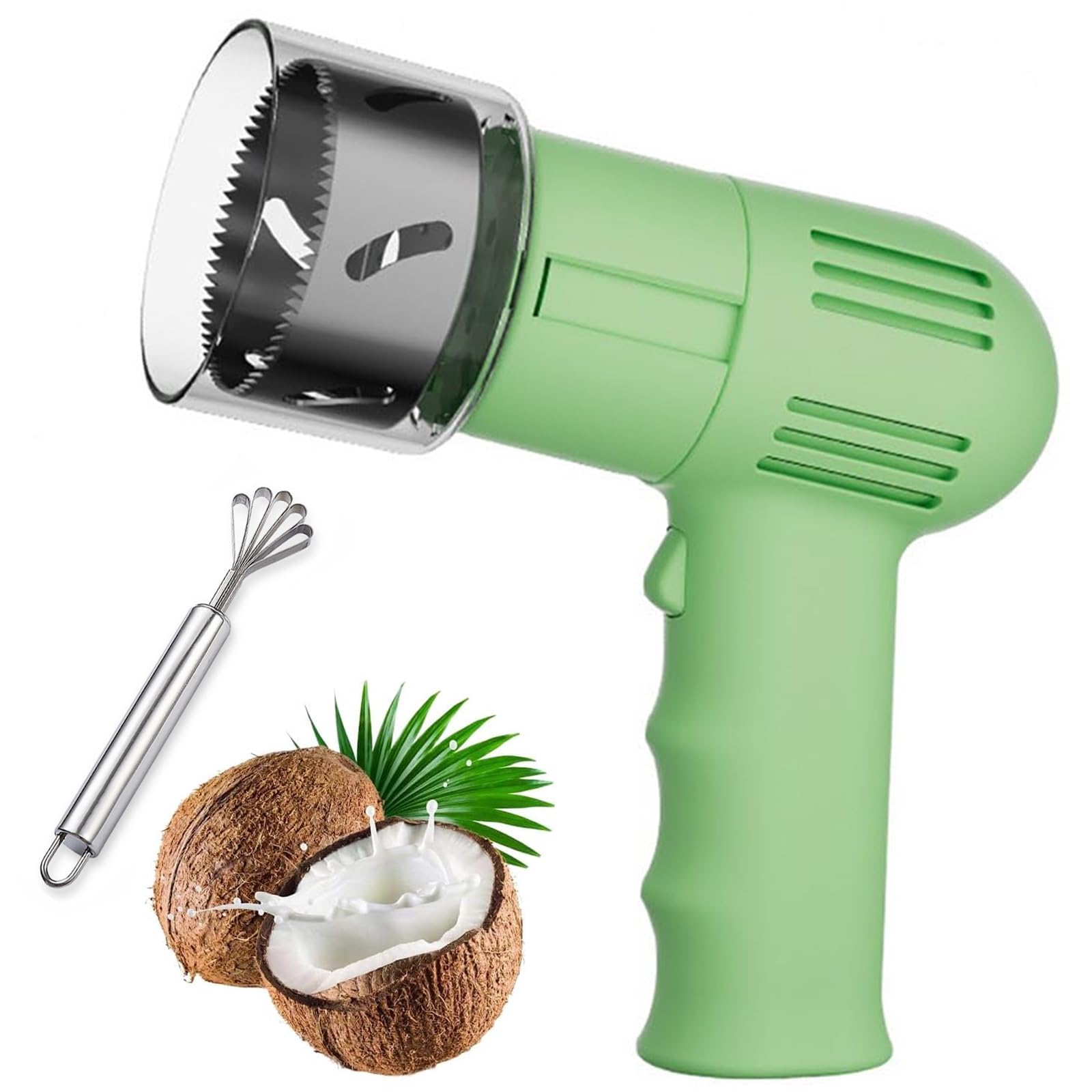 Abridor de cocos eléctrico inalámbrico con cortador y raspador de acero inoxidable, taladro de un solo botón para cocos óvenes y maduros, portátil para uso doméstico, en la cocina y al aire libre.