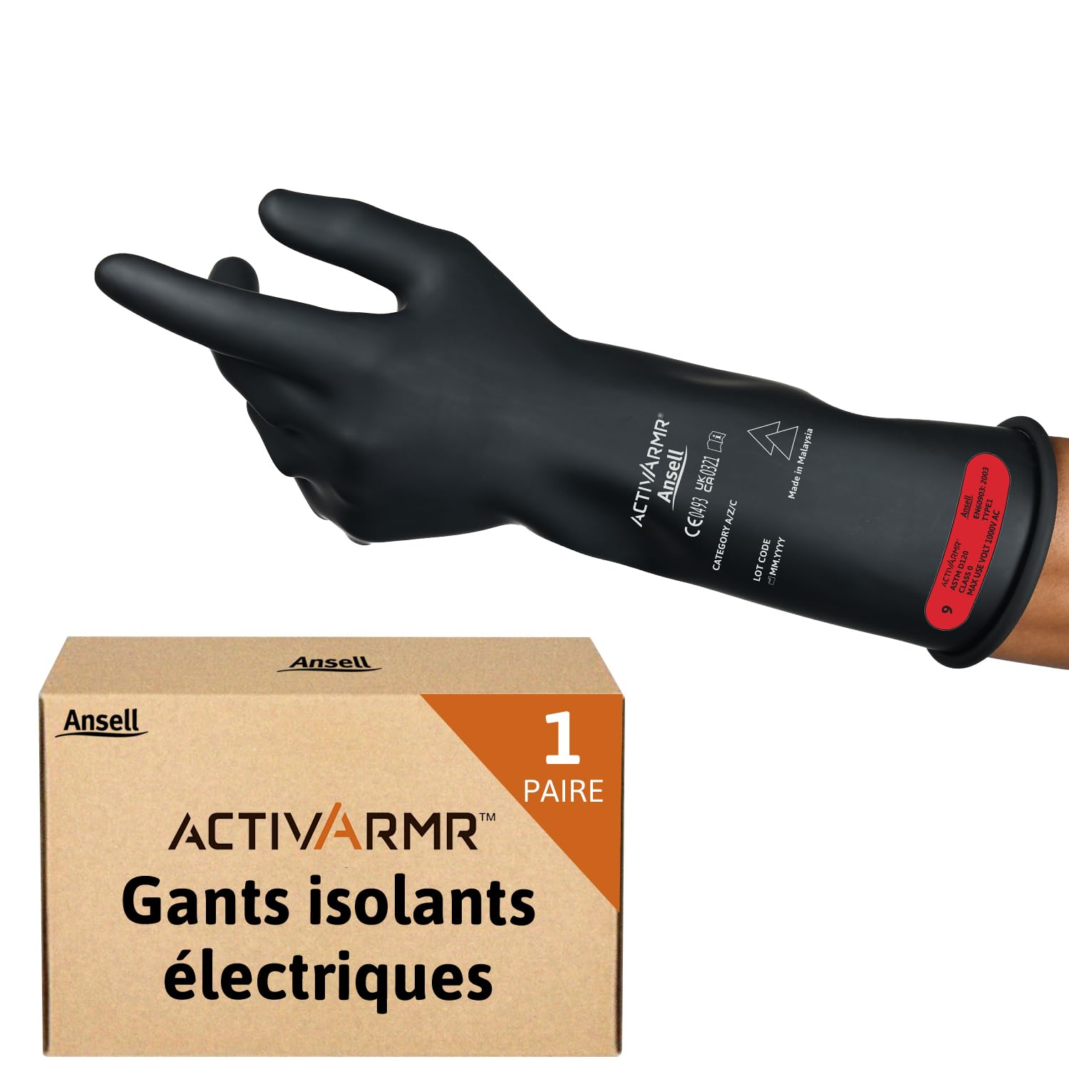 Ansell ActivArmr Gants Electricien, Protection Électrique Classe 0 (Tension 1000V), Gants Isolants en Latex de Caoutchouc Naturel, EPI Professionel, 36cm, Noir, Taille M (1 Paire)