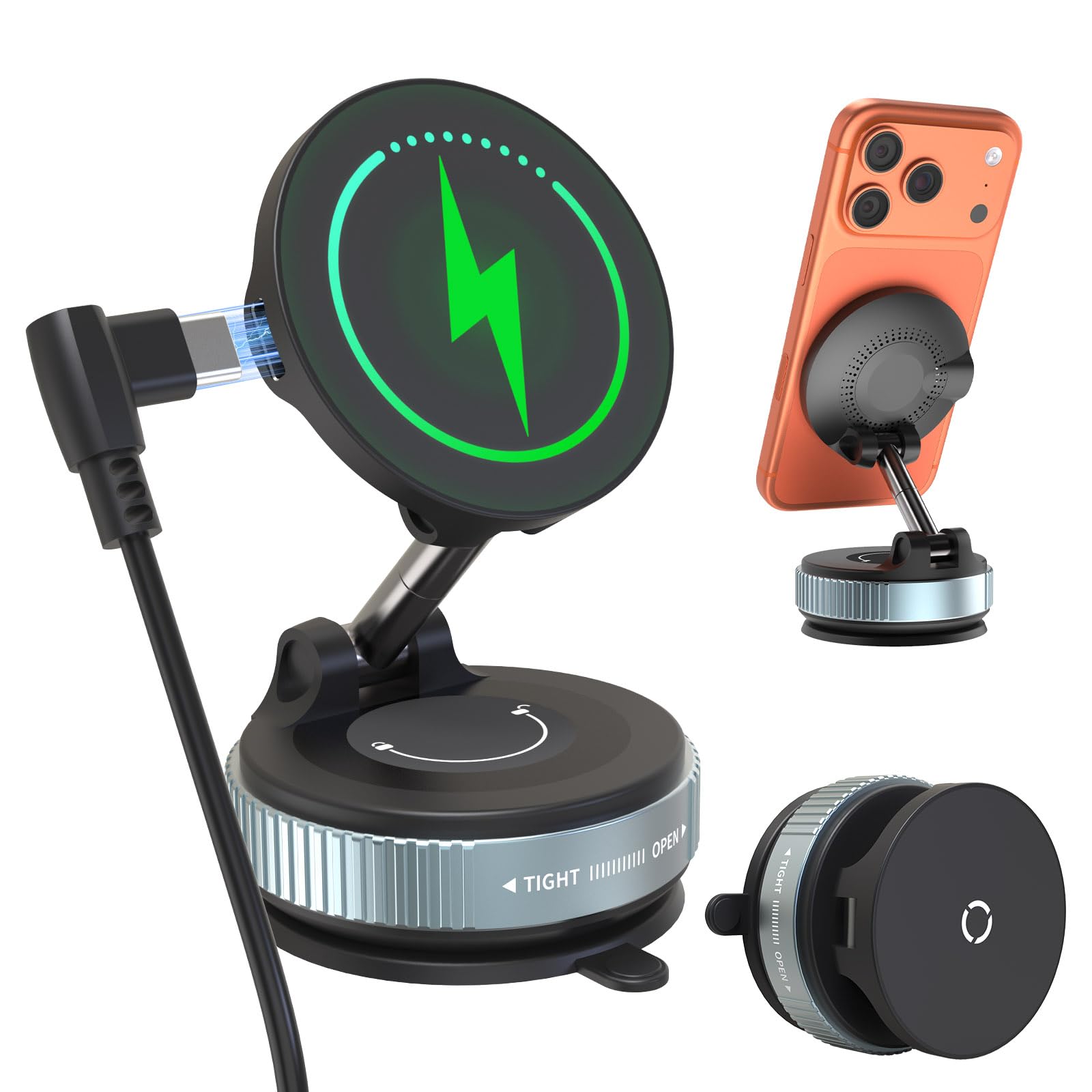 E EAKSON Wireless Car Charger - 15W Fast Wireless Charging Car Mount 360 Adjustable Vacuum Magnetic Suction Phone