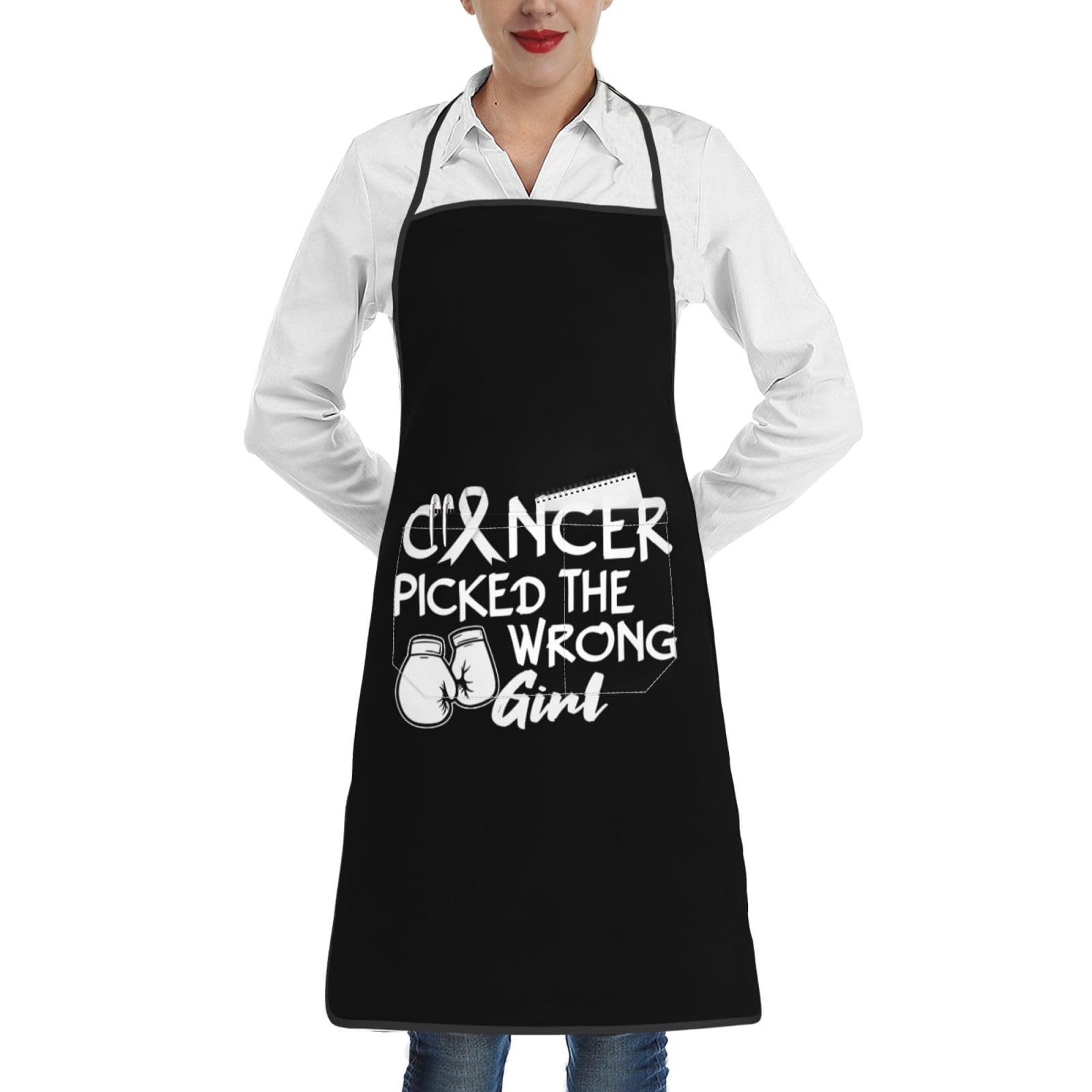nopicsn Cancer Picked The Wrong Girl Lung Cancer Apron for cooking with Pockets Women Men Kitchen Chef Funny Aprons