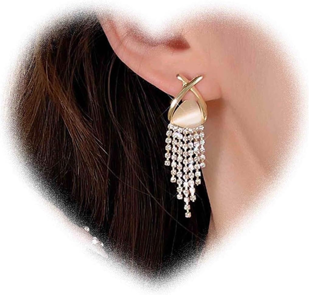 W WEILIRIAN Crystal Tassel Drop Earrings for Women Boho Moonstone Stud Earrings Rhinestone Tassel Earrings Cz Tassel Chain Earrings Sparkly Bridal Wedding Earrings Jewelry for Girls Gifts