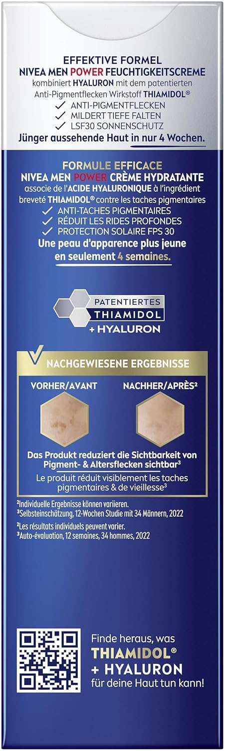 NIVEA MEN Anti-âge 2 en 1 Power Soins du jour avec SPF 30, soins du visage à l'acide hyaluronique pour hommes avec effet anti-âge, soins de la peau avec LUMINOUS630® contre les taches de vieillesse et