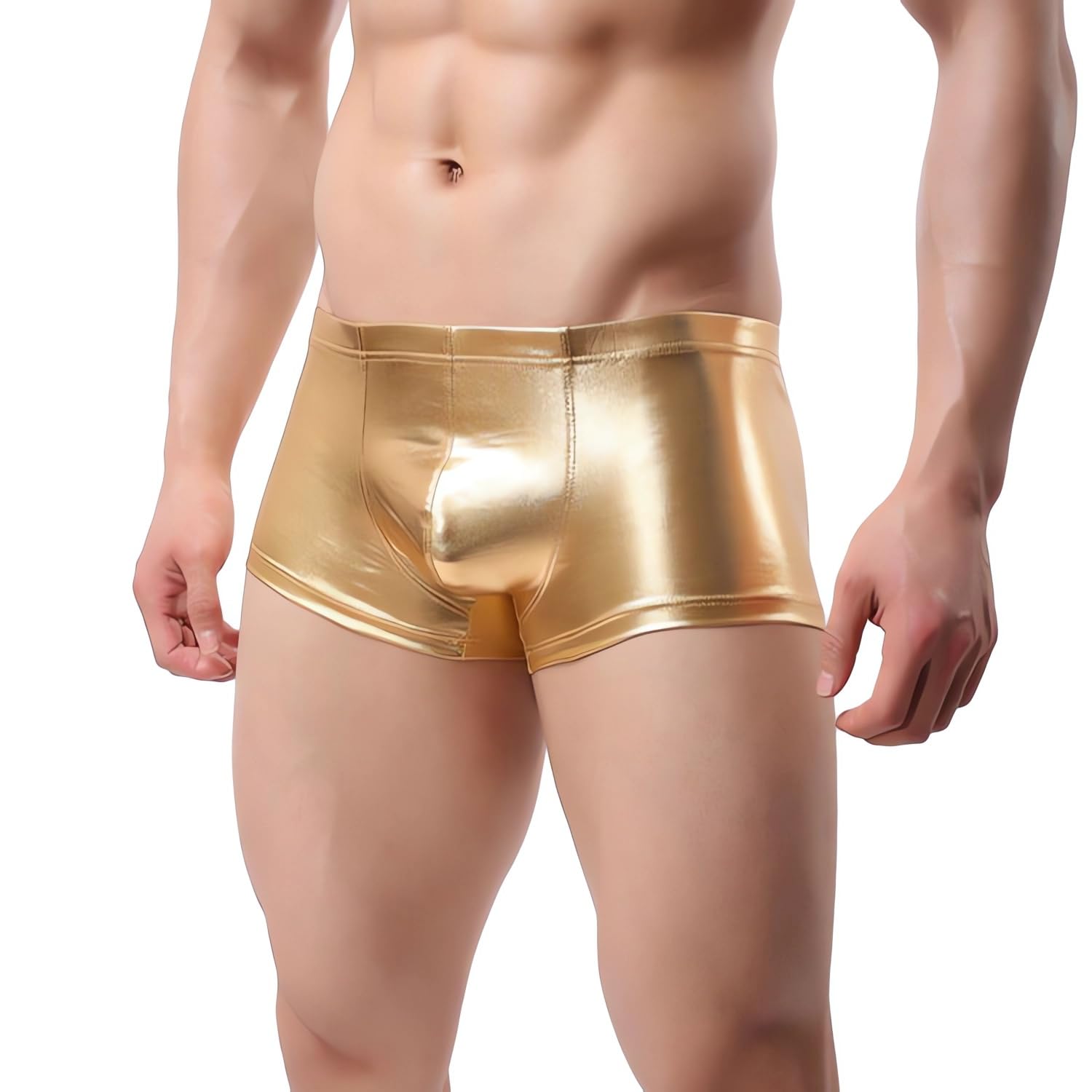 Samheng Men's Gold Shiny Boxer Shorts, Elastic Liquid Metallic Boxer Briefs, Low Waist Sexy Boxer, Sparkly Sexy Hot Short Pants For Clubwear, Sexy Underpants Trunks For Dancewear Nightclub Rave Party