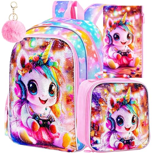 Image of 3Pcs Unicorn Backpack for Girls, 16 inch Kids Sequin Bookbag with Lunch Box, Cute Water Resistant Schoolbag for Preschool Kindergarten Toddler(Pink)