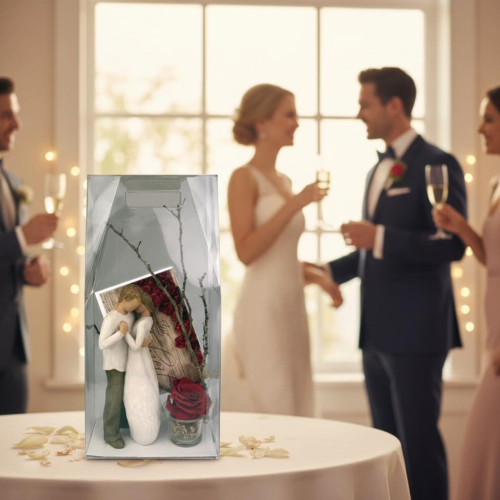 Hochzeitsgeschenk Box 1 – Figur 23 cm mit Long-Life-Rose im Teelichtglas, Faltkarte „Zur Hochzeit“ & Acryl Geschenkbox mit Tragegriffen – Geschenk für Brautpaar