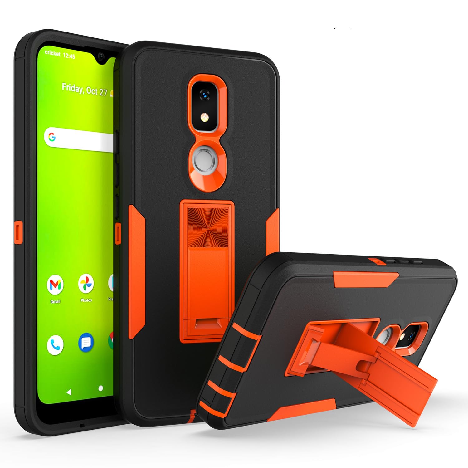 IVY 2in1 PC TPU Full Body Protective Case Cover for Cricket Icon 3 / Motivate 2 with Stand, Car Magnetic Suction, Screen&Camera Protection - Black&Orange