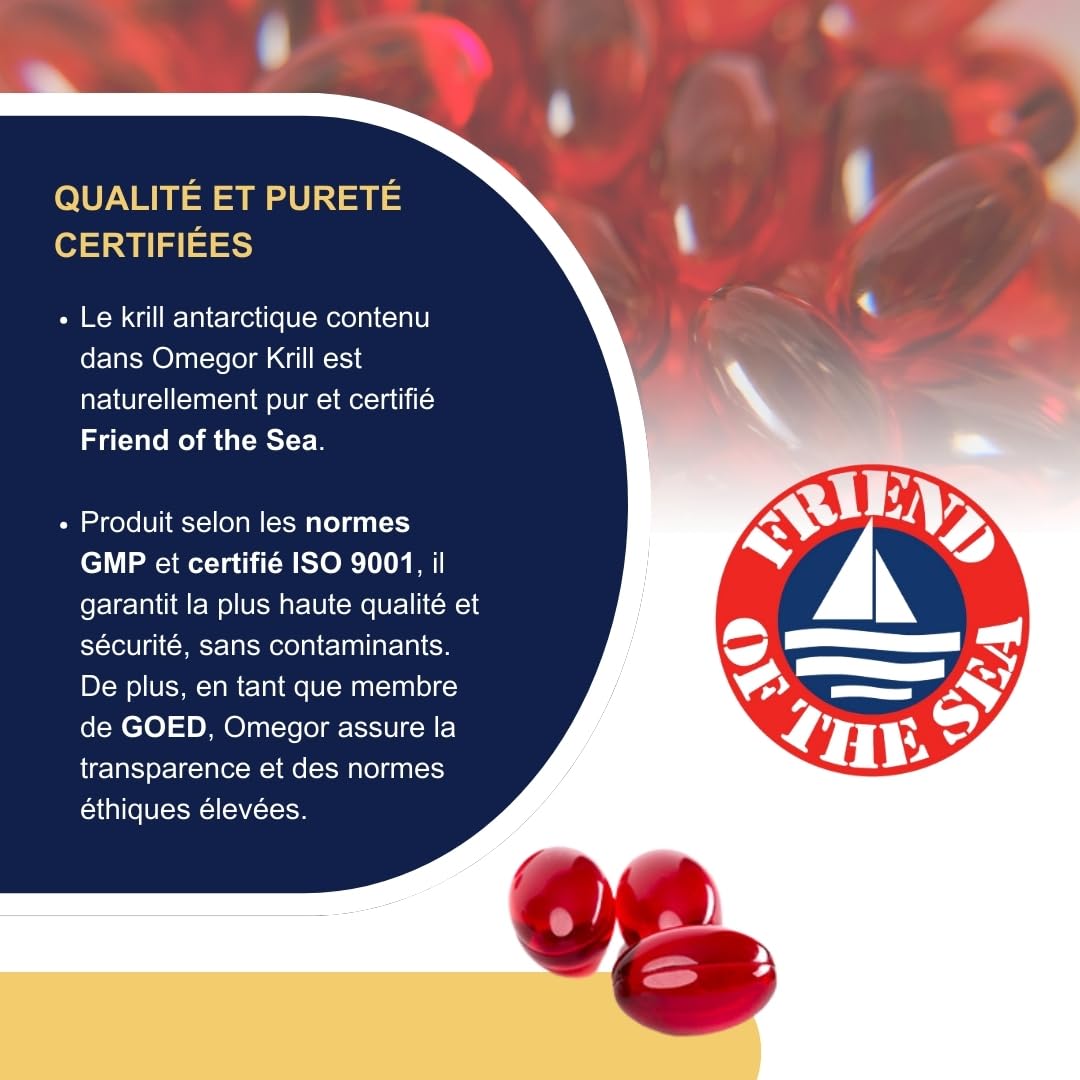 Omegor Krill - Complément alimentaire avec phospholipides, choline, Oméga-3 et astaxanthine à haute biodisponibilité - 260 mg d'EPA et DHA - Sans arrière-goût - Facile à avaler - 60 capsules