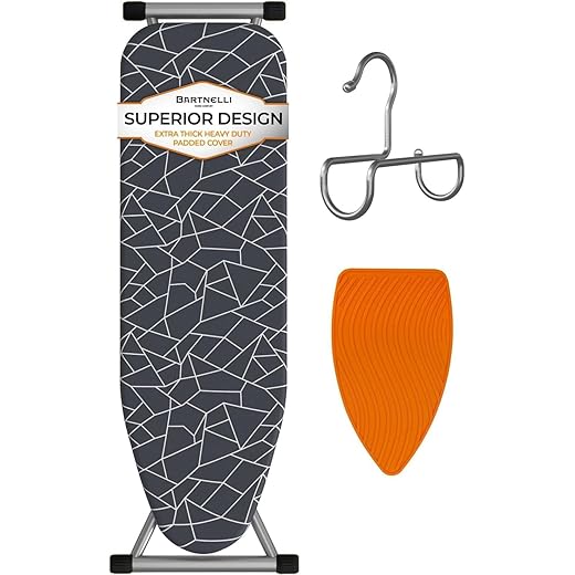 Bartnelli Compact Ironing Board 13x43 Iron Surface Patent Folding System with Adjustable Height, 4 Layered Cover and Pad, Hanger, Iron Mat