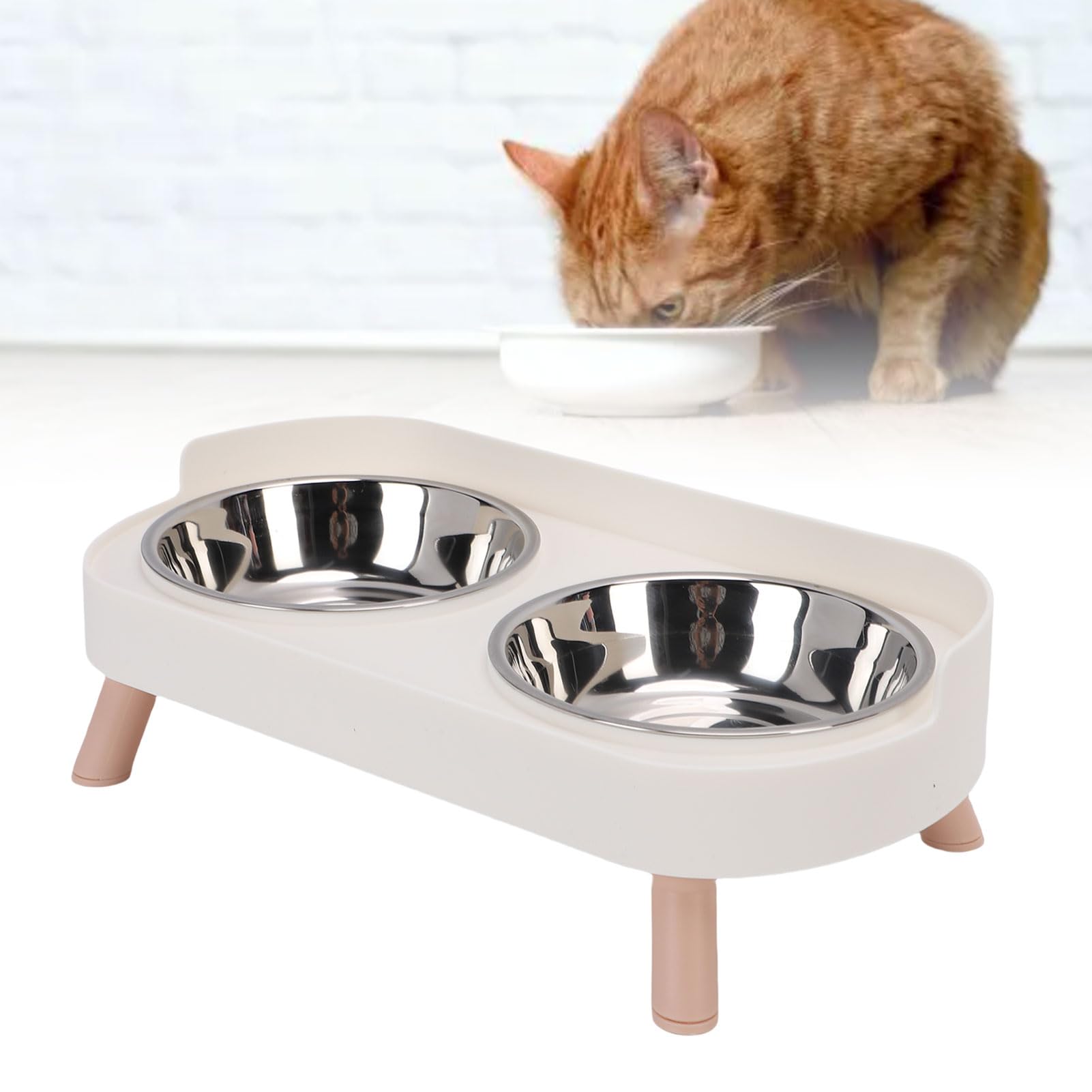Oreilet New Elevated Cat Bowl, Stainless Steel Stable Integrated Double Bowls with Non Slip Stand, Raised Food and Water Dish for Cats and Puppies Small Dogs Prevents Neck Pain (White) — image 1