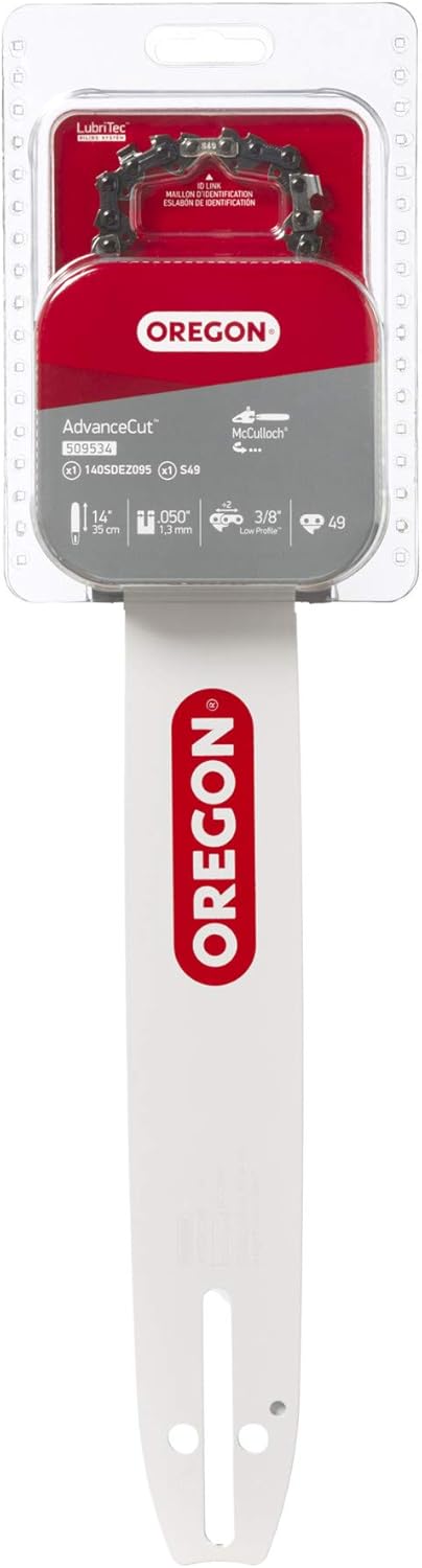 Oregon Chainsaw Guide Bar & Chain Combo, AdvanceCut Replacement for Saw Chains, Bar Length 14" (35cm) with Low Kickback Chain Set, 3/8" Pitch, 0.050" Gauge, 49 Drive Links (509534)