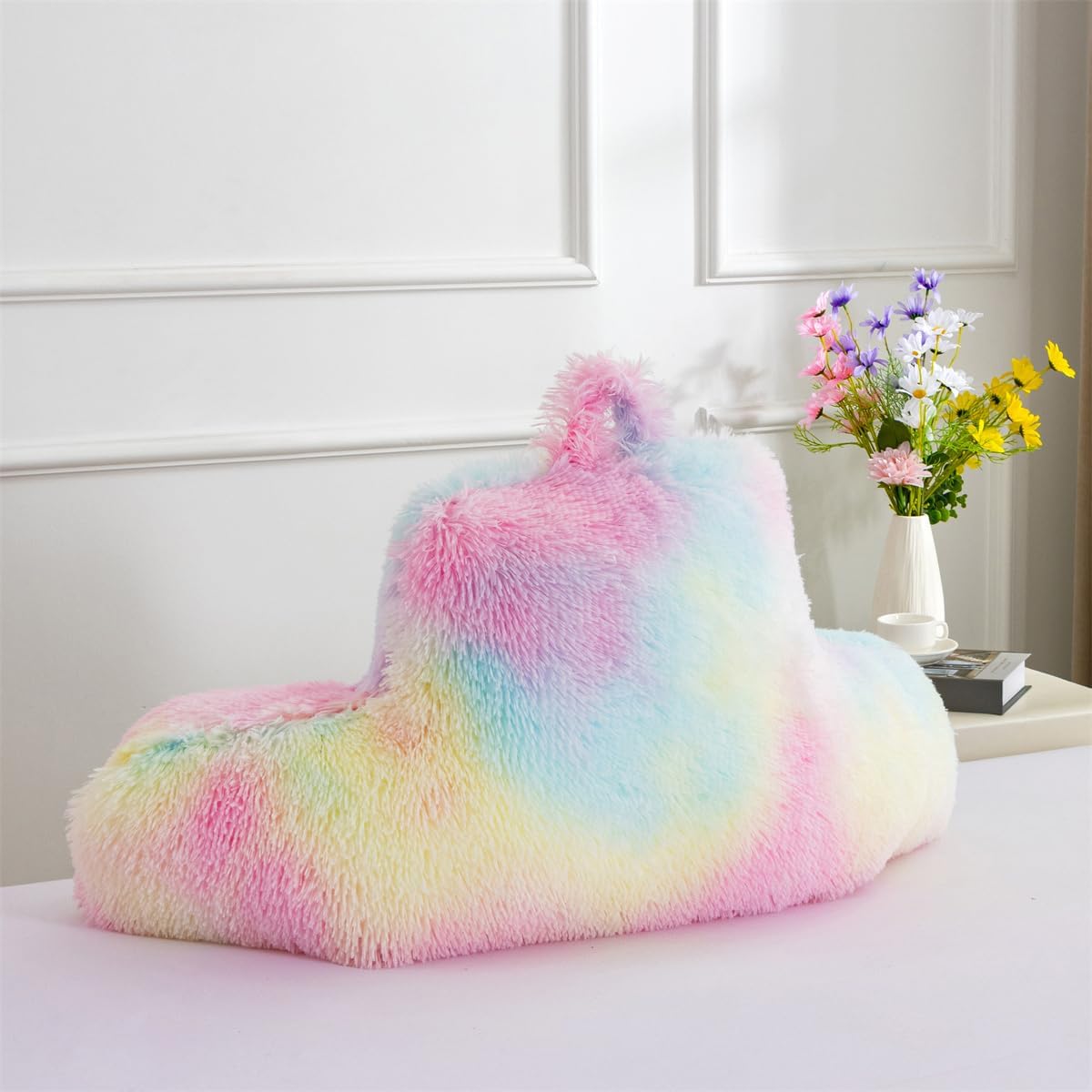 Holawakaka Large Faux Fur Bed Rest Pillow with Arms,Tie Dye Reading Pillows Perfect for Adults Teens Women, Arm, Back, Bedroom Nursery Playroom Sofa Couch Lounge Backrest Cushion(Multi-Color)