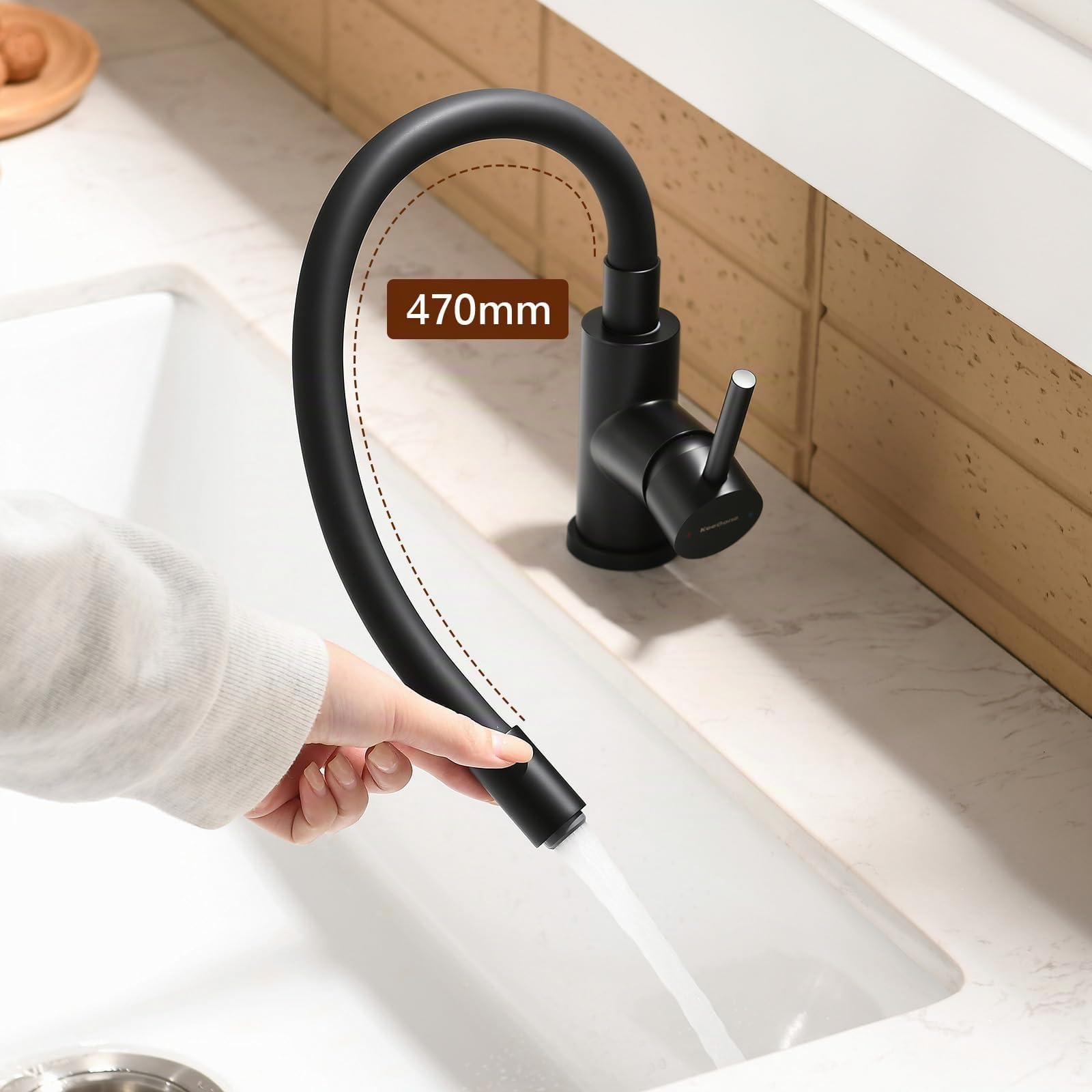 Grifo de Cocina Negro Cabezal Rociador Flexible, Extraíble Ahorrar Agua | Acero Inoxidable, Mezclador Giratorio de 360°, Aireador