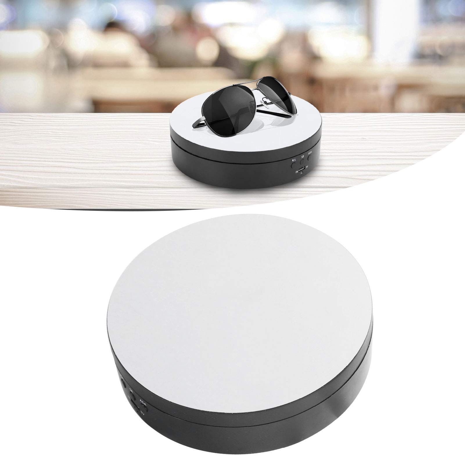 Présentoir rotatif électrique à 3 vitesses, plateau tournant avec surface miroir, rotation à 360 degrés pour bijoux, montres, cosmétiques, chargement USB et batterie (noir)