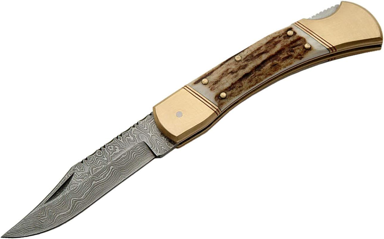 SZCO SANZ Damascus Folding Knife 5 Inch Lockback – Stag Handle Pocket Knife with Brass Bolsters, Filework Spine, and Leather Sheath – Razor Sharp EDC Knife for Hunting, Camping & Everyday Carry