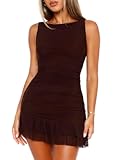Women Boat Neck Bodycon Mini Dresses Going Out Dress Ruffle Mesh Sleeveless Short Elegant Club Cocktail Party Dress