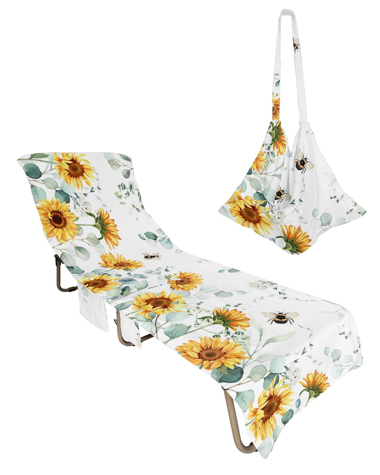 Sunflower Beach Lounge Chair Towel Cover, Soft Chaise Lounge Towel with Side Pockets Patio Pool Chairs Cover for Beach/Pool Sunbathing 29x85 Pastoral Eucalyptus Leaves Botanical Summer Bee