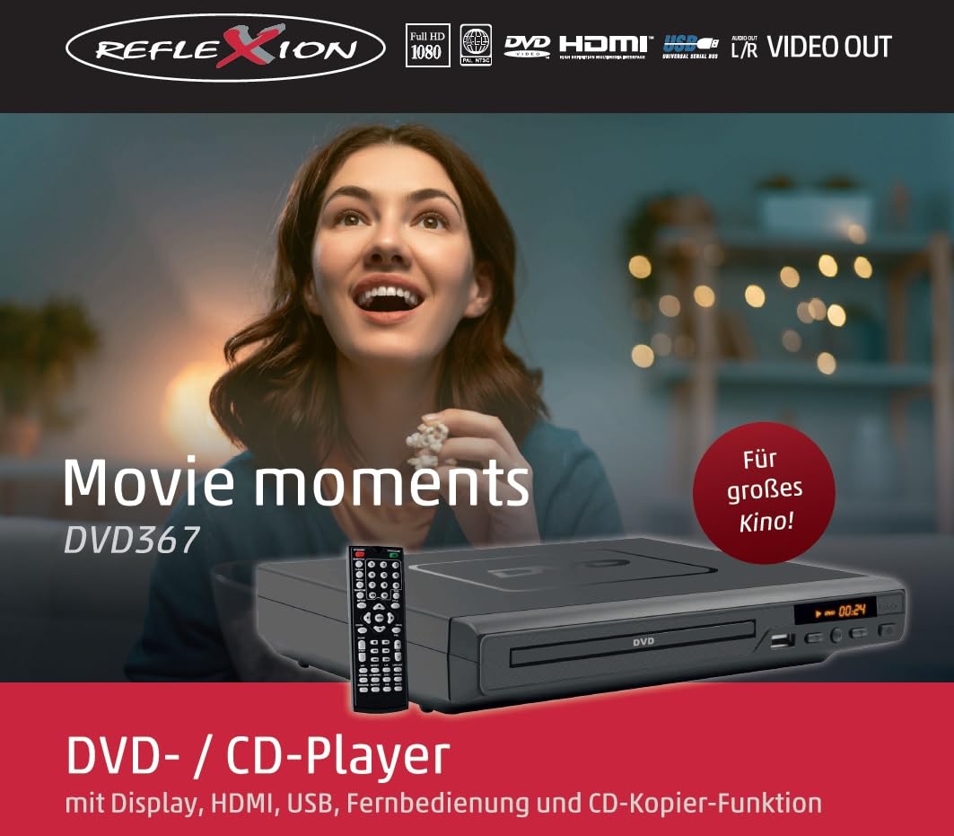 Reflexion DVD367 - DVD-Player/CD-Player Full HD mit Display, HDMI, Fernbedienung und CD-Kopierfunktion auf USB, für großes Kino