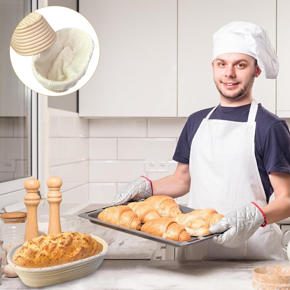 Lot de 2 paniers à pain ovales en rotin naturel de 25 cm, panier de levain avec doublure en tissu de lin, kit d'outils professionnels pour la fabrication de pain au levain
