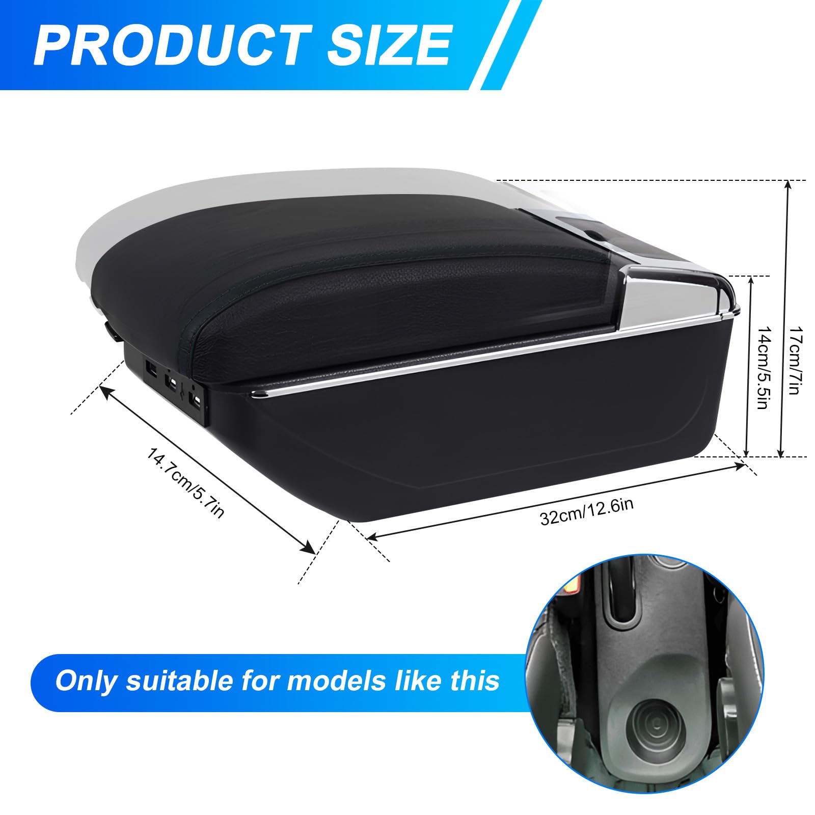 Bracciolo per auto, compatibile con Renault Clio 4 IV 2012-2019, bracciolo centrale, a doppio strato, con 7 porte USB, in pelle nera con linee nere