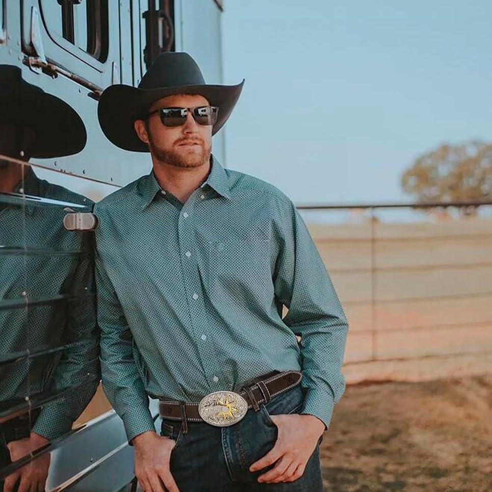 Women's Western Genuine Leather Belt Oval Star Buckle Size 33-42 Inch2