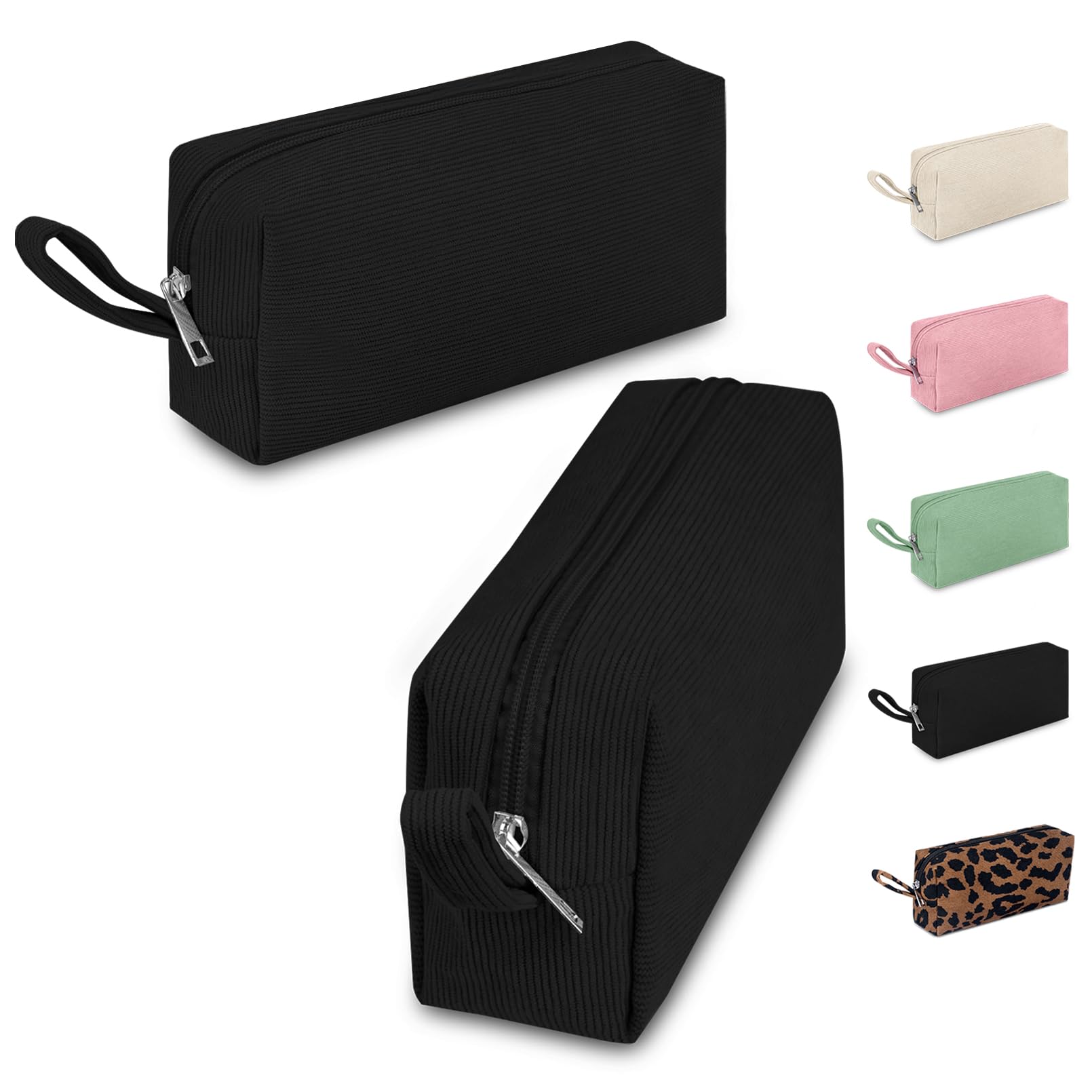 FITDON 2PCS Corduroy Pencil Case, Large Pencil Bag Pen Cases, Portable Pencil Pouch Stationery Organizer Travel Toiletries Makeup Bag, Black