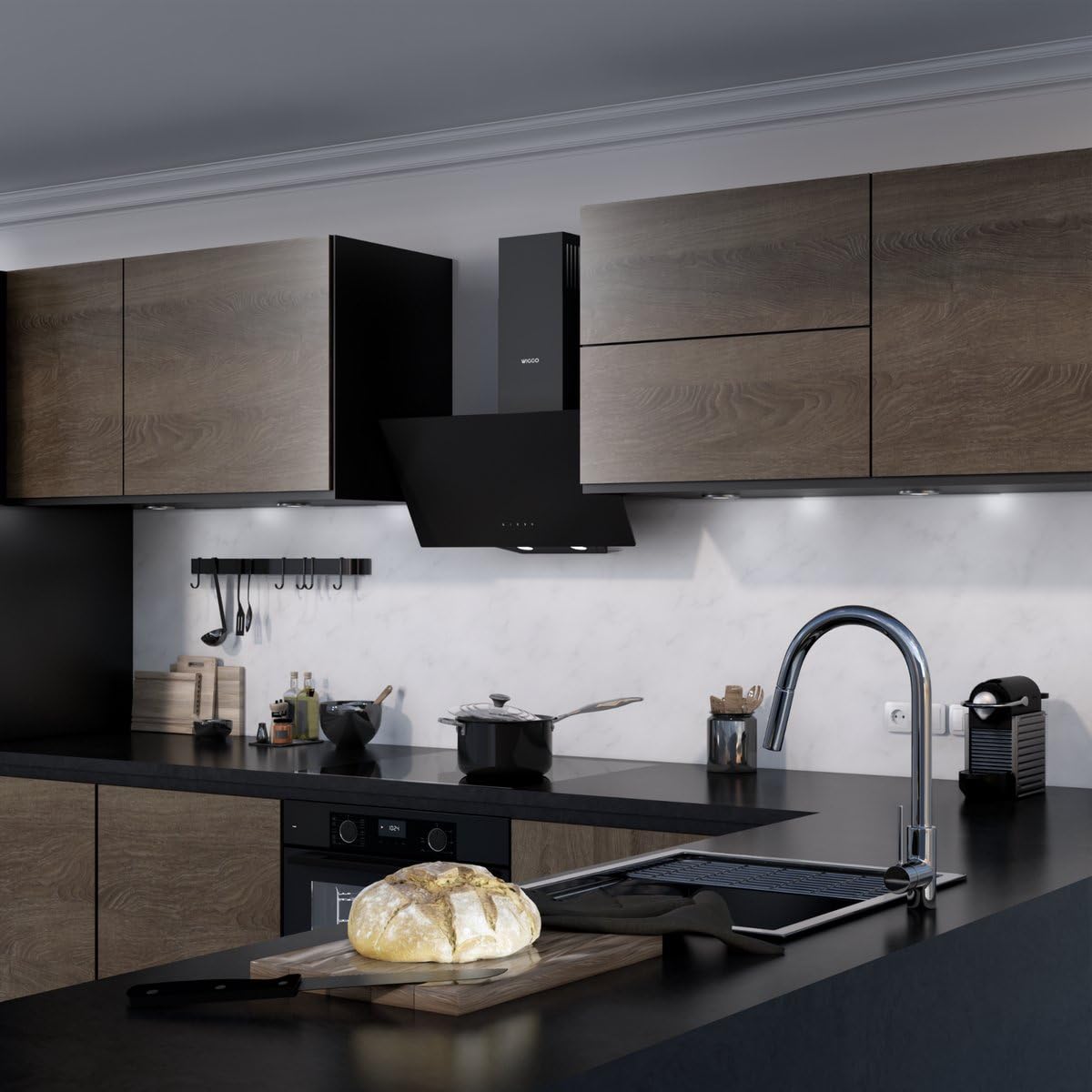 Wiggo 60 cm Kopffrei Dunstabzugshaube Schwarz | Schräghaube mit Touch-Steuerung, 3 Stufen, LED-Beleuchtung | Geräuscharm, Umluft/Abluft, Fettfilter & 2x Aktivkohlefilter – Moderne Küche