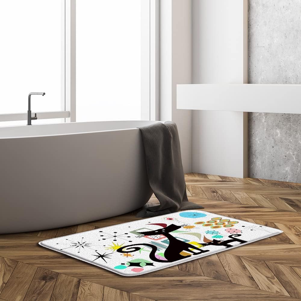 Mid Century Cat 3 Piece Bath Mat Sets,Retro Atomic Abstract Geometric 60s 50s Polka Dot Geometry Bathroom Kitchen Rugs,17.8"x29.5"Bath Mat,Toilet Seat Cover, U-Shaped Toilet