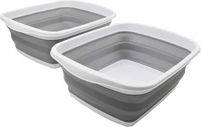 SAMMART 10L Collapsible Tub - Foldable Dish Tub - Portable Washing Basin - Space Saving Plastic Washtub (White/Grey, 2)