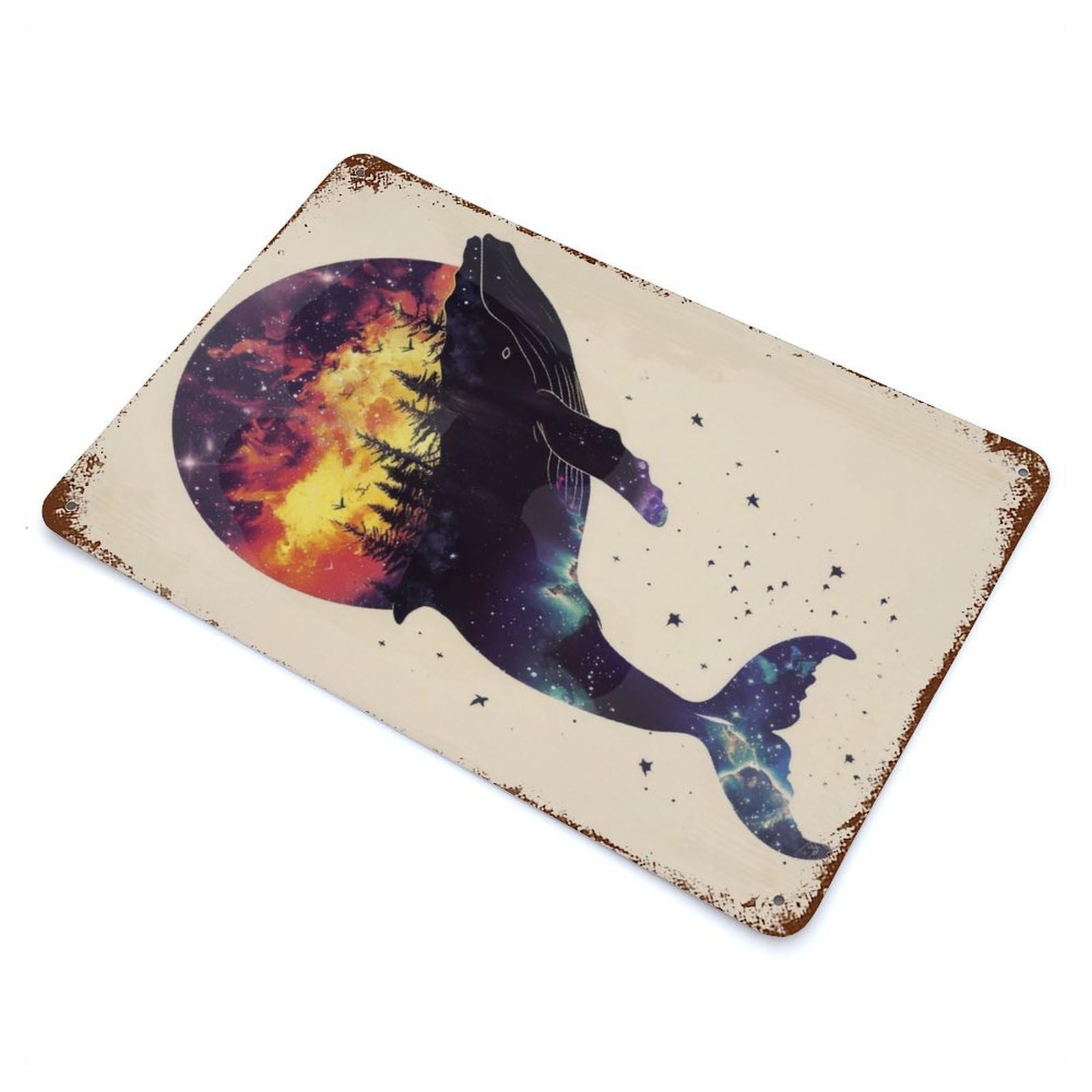 Aged Metal Wall Plaque with Whale Silhouette Galaxy Design 11.8"x7.9", for Basement, Hobby Room And Garage Decor, Farmhouse Wall Decor