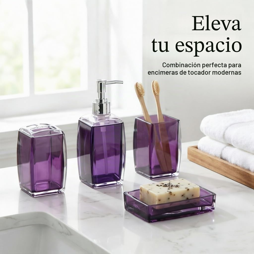 Juego completo de 5 accesorios de baño de resina púrpura/acrílico, dispensador de loción/jabón, jabonera, soporte para cepillo de dientes, vaso, cepillo de inodoro y soporte, decoración moderna