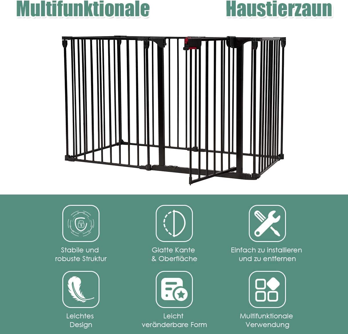 COSTWAY Kaminschutzgitter klappbar, Laufgitter mit Sicherheitstür, Ofenschutzgitter inkl. Wandhalterung, Konfigurationsgitter aus Metall, Absperrgitter(Schwarz, 6 Elemente)