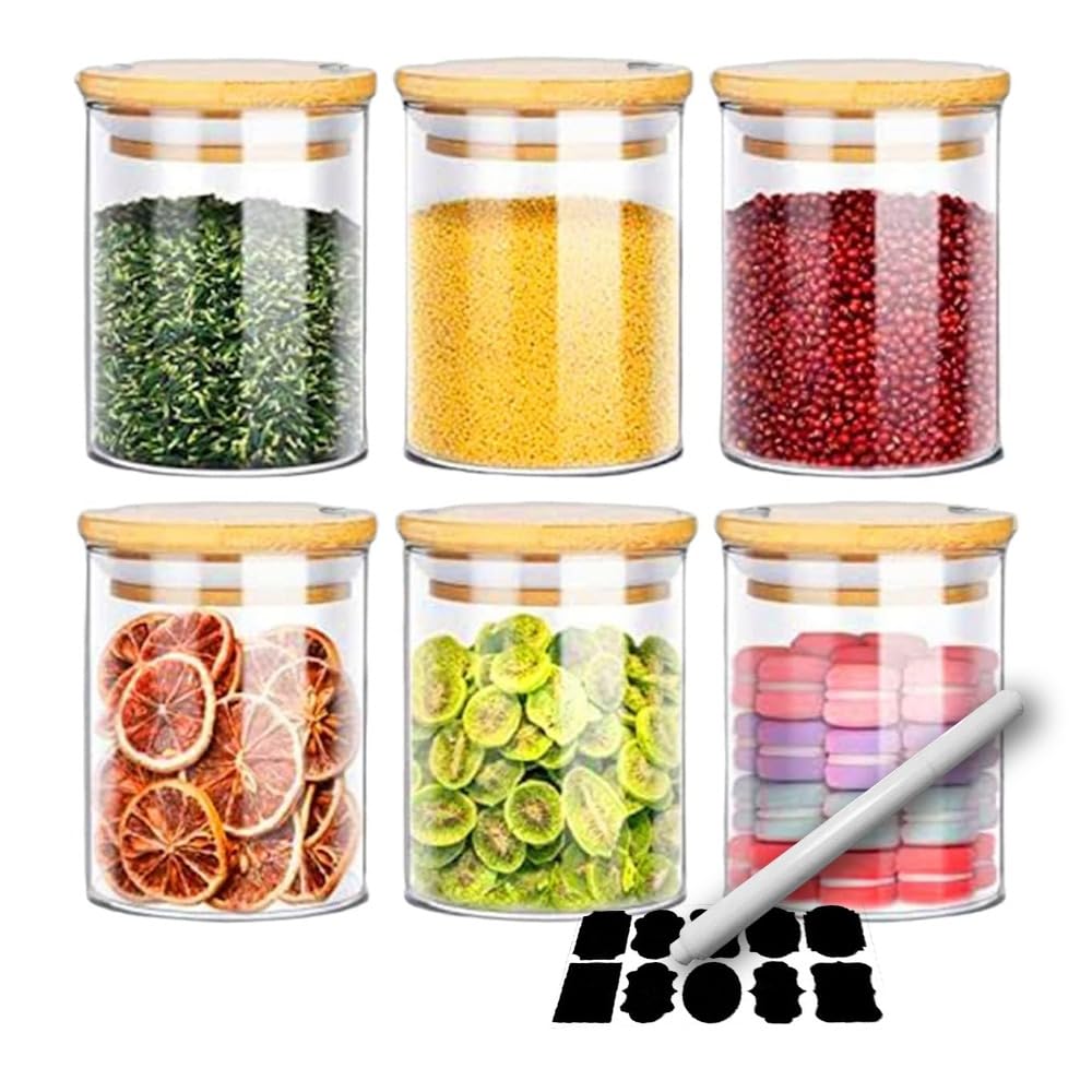 Home & Treat Lot de 6 bocaux de conservation en verre avec couvercles en bambou - 500 ml - 6 couvercles et étiquettes - Contenants alimentaires en verre borosilicate pour sucre, grains de café, noix,