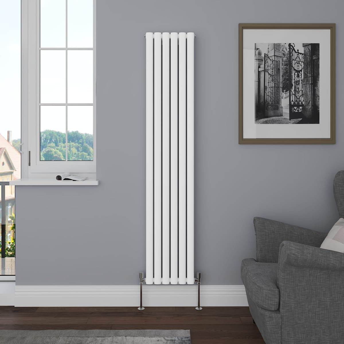 NRG Vertical 1800x354 Oval Column Designer Radiator Bathroom Central Heating Double Panel Gloss White — image 1