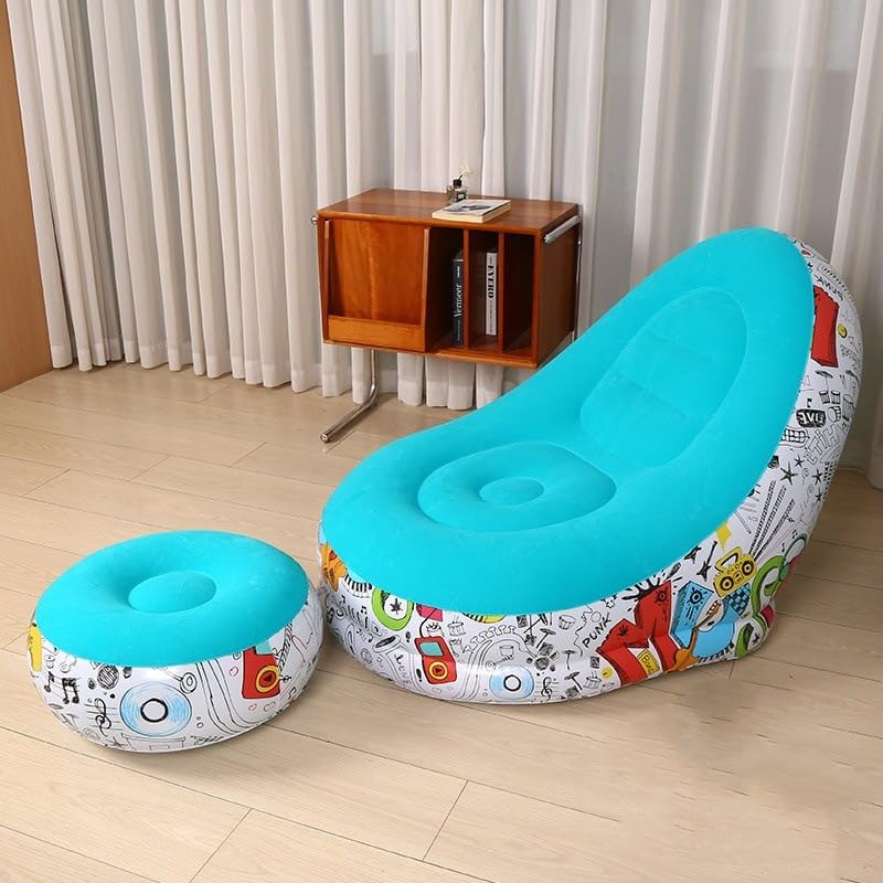 Image of Primechoice Pu, Plastic Inflatable Lounge Chair with Footrest 2-in-1 Air Sofa for Adults, Folding Portable Lazy Recliner with Pump for Indoor Living Room, Office, Outdoor Camping (Graffiti Blue)