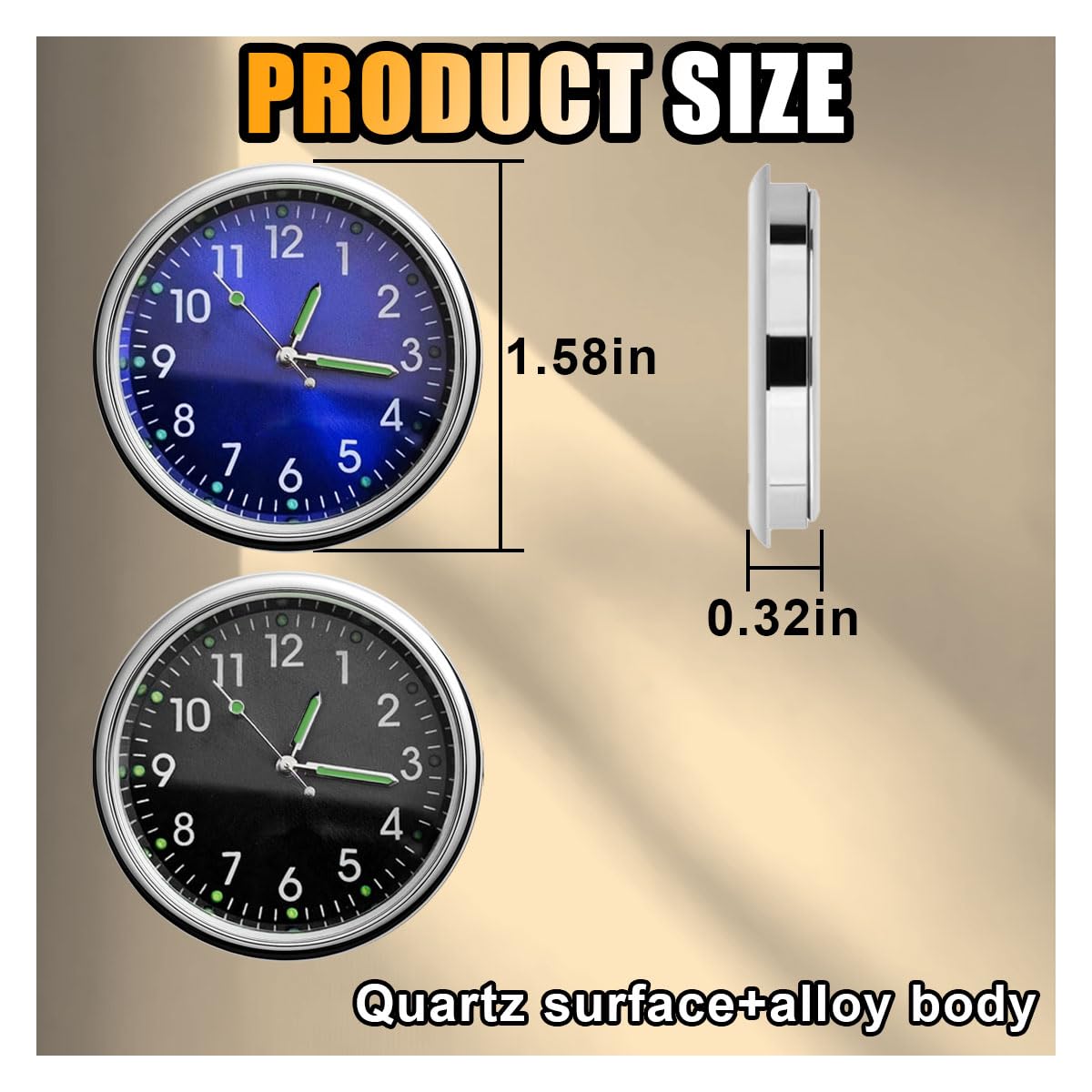 Mini-Auto-Uhr, leuchtende Uhr mit Klebstoff, Auto-Entlüftungs-Clip, Quarz-Uhren, Auto-Armaturenbrett-Uhren, Universal-Auto-Uhren-Zubehör für Zuhause, Boot, LKW, SUV, Auto (schwarz + blau), 2 Stück
