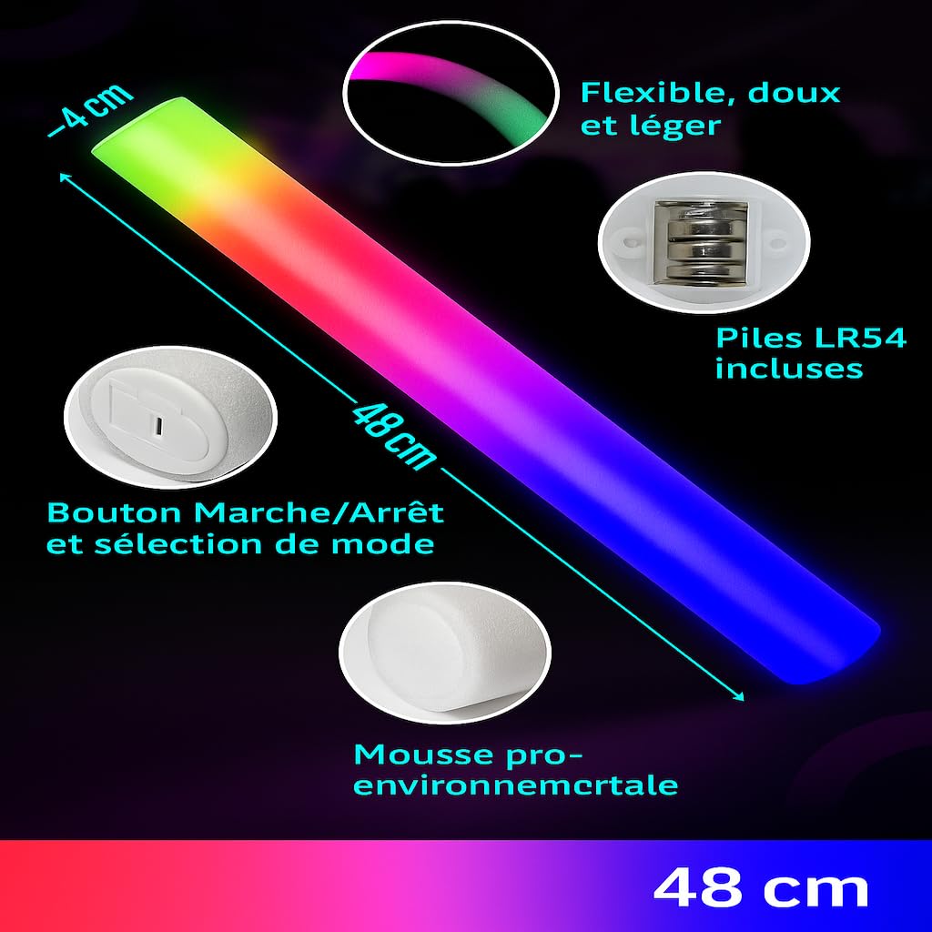 zenda club® Bastone luminoso LED in schiuma multicolore 48 cm (50 pezzi) - 3 modalità lampeggianti - Glow Stick LED per feste, concerti, matrimoni, compleanni, lunga durata 8H (rosso)