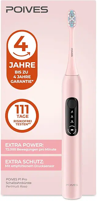 Schallzahnbürste POIVES P1 Pro - Elektrische Zahnbürste mit Drucksensor und 72.000 Bewegungen, bis zu 4 Jahre Garantie, 111 Tage Risikofrei testen, lange Akkulaufzeit, Perlmutt Rosa