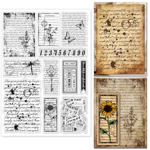 GLOBLELAND Tampons Transparents Fond de Texte Vintage pour la Fabrication de Cartes Fleurs Rétro Papillons Tampons Transparents de 5.8x8.3 pouces pour...