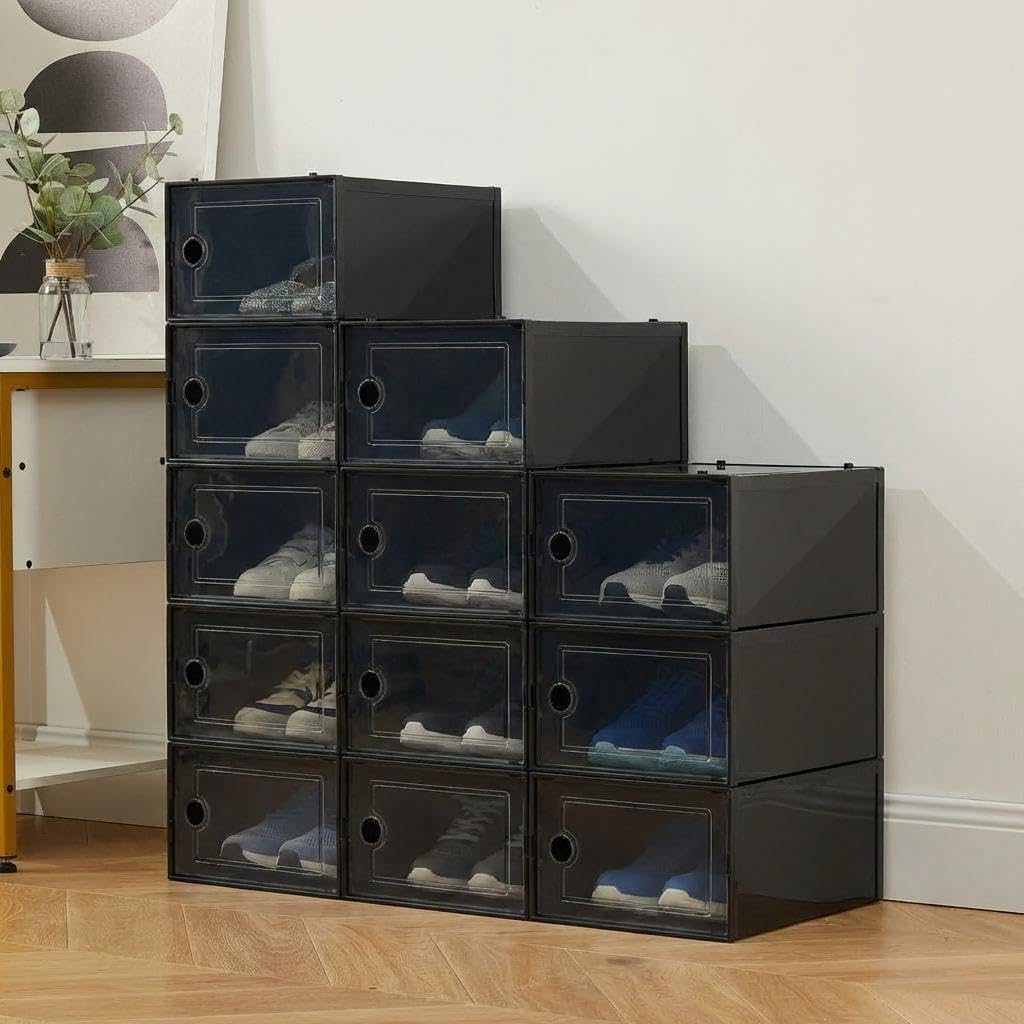 Garvee 12 Pcs Cajas De Zapatos, Organizador Zapatos De Plástico Transparente Apilables, Contenedores Organizadores De Zapatos Con Tapas Para Mujeres/Hombres,Negro