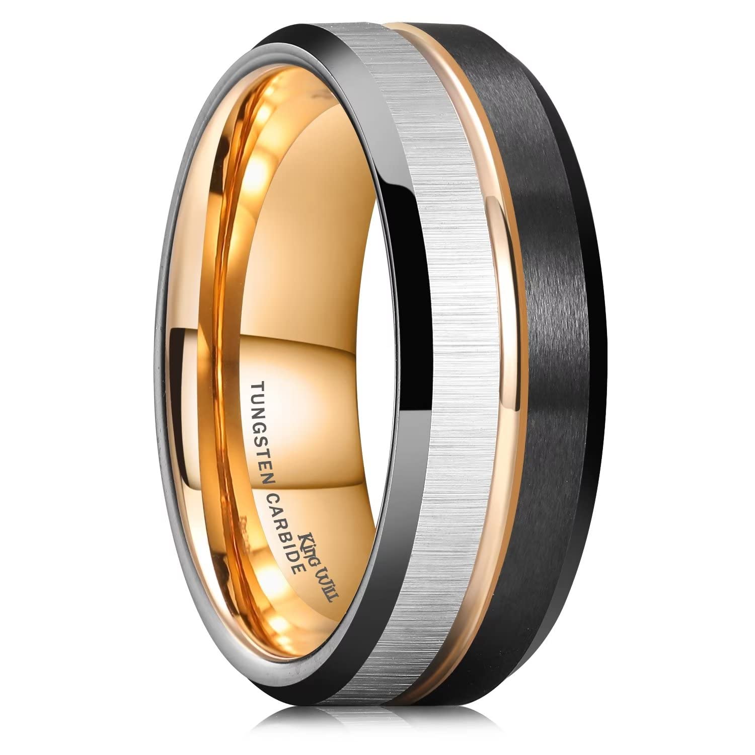 King Will Mens Tungsten Carbide Wedding Band with Groove Design, 6/7/8mm Width, Brushed/Polished Finish Men's Rings Comfort Fit