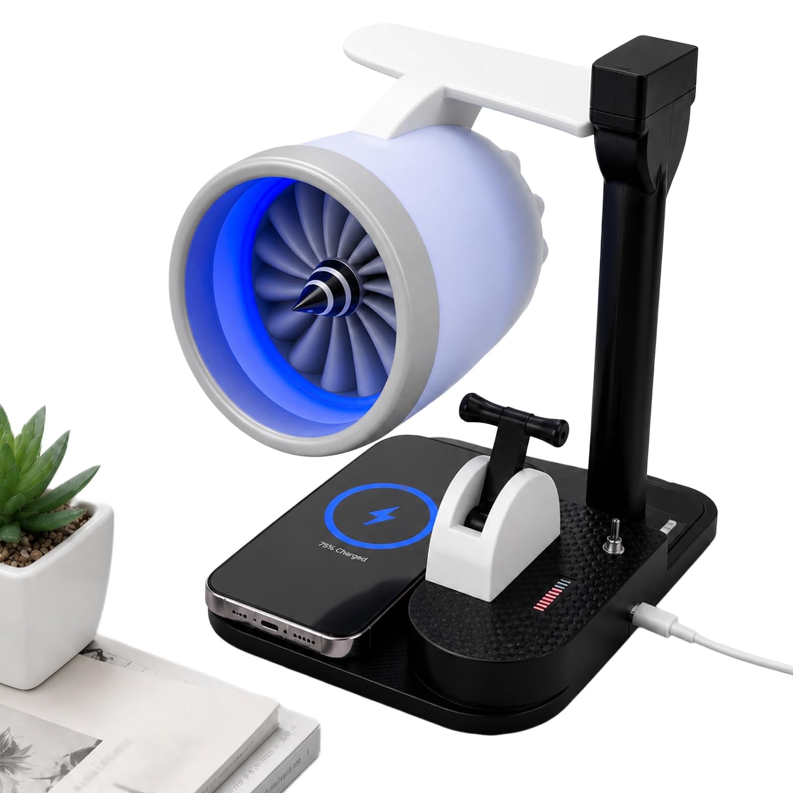 Biurkowy wentylator w stylu silnika lotniczego z funkcją ładowania telefonu | Zasilanie USB, regulacja nawiewu, nawilżająca mgiełka na suche powietrze, idealny stanowiska gamingowego, biura czy sypialni